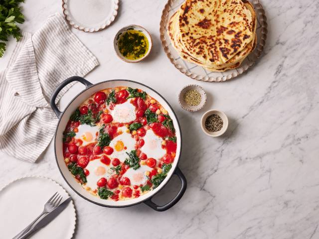 Baked Eggs with Spelt Flatbreads