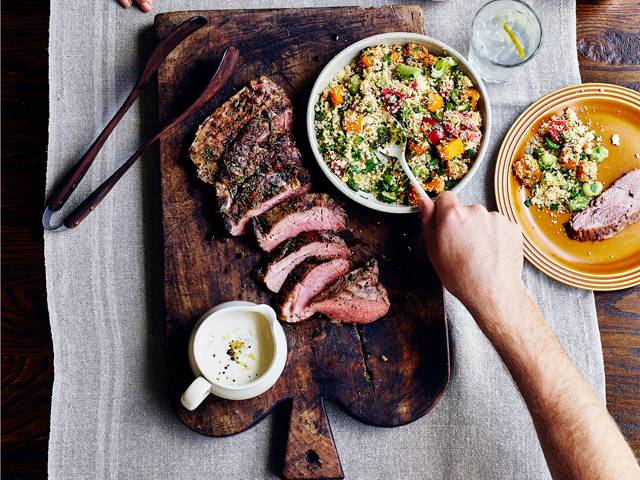 Grilled Lamb with Tahini Sauce and Pumpkin Tabouli