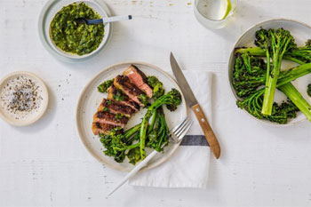 BBQ Strip Loin with Charred Broccolini and Green Sauce