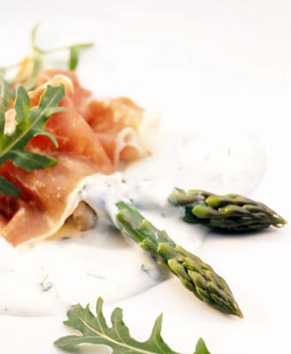 Fresh Asparagus and Parma Ham with Herby Yoghurt Dressing