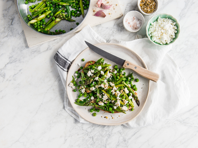 Garlic Asparagus, Peas and Feta on Sourdough