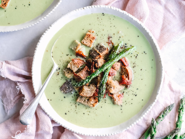 Asparagus Soup with Crispy Parmesan and Prosciutto Croutons
