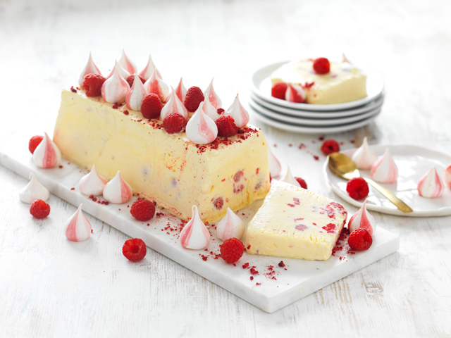 Crushed Raspberry Semifreddo with Meringue Kisses