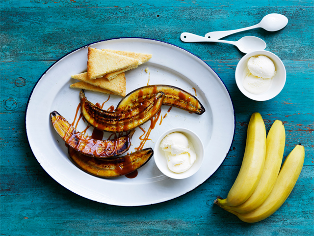 BBQ Bananas with Caramel Rum Sauce & Coconut Shortbread