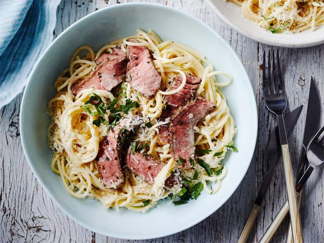 Creamy Pepper Steak Spaghetti