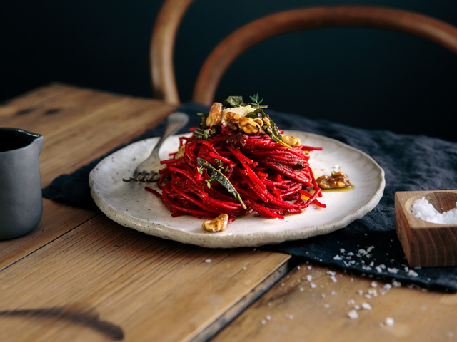 Roasted Beetroot & Thyme Spaghetti with Walnuts & Sage