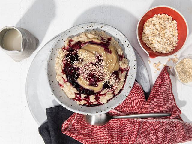 Toasted Oat Berry Porridge w/ Tahini Vanilla Cream