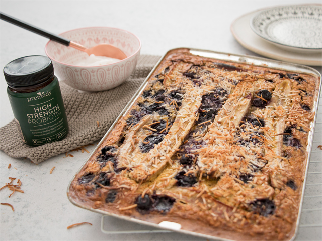 Baked Lupin Blueberry Breakfast Slice with Gut-Loving Coconut Yoghurt