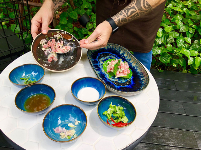 Raw Tuna and Lemongrass on Betel Leaves