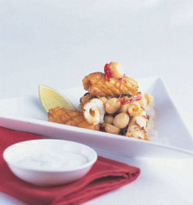 Calamari With Lime Yoghurt Dip and Candied Chilli Macadamias