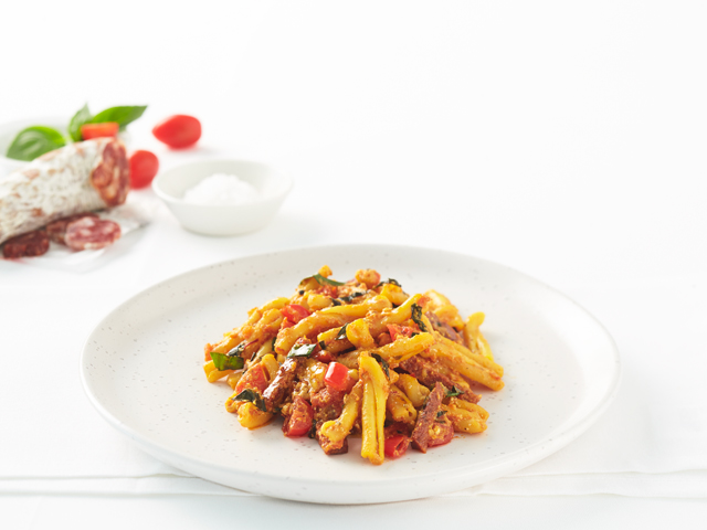 Casarecce with Spicy Salami, Saffron and Ricotta in Napoletana Sauce
