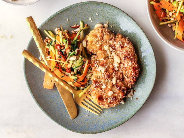 Macadamia Cauliflower Schnitzel with Pinenut Ribbon Salad