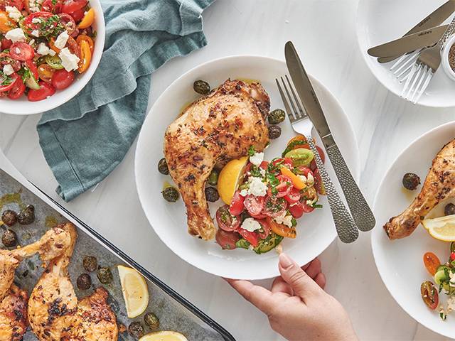 Oregano Roasted Chicken Marylands with Tomato, Feta and Herb Salad