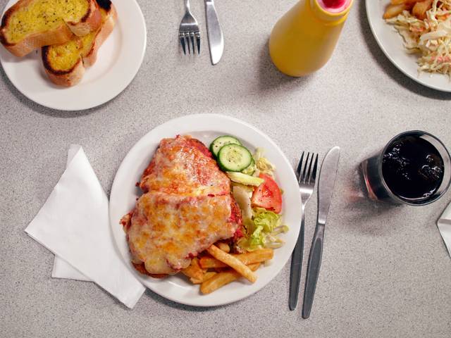Chicken Parmigiana with Chips and Salad
