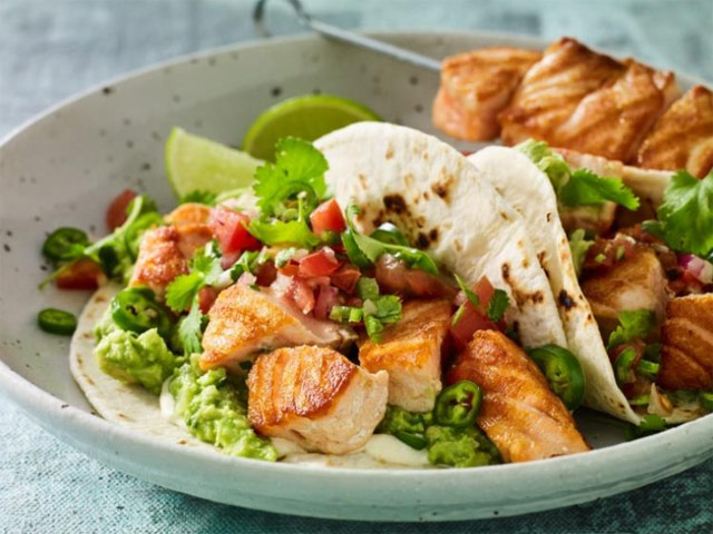 Chipotle Salmon Skewered Tacos with Pico De Gallo and Guacamole