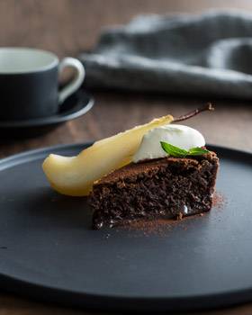 Chocolate Mousse Cake with Poached Pears and Creme Fraiche