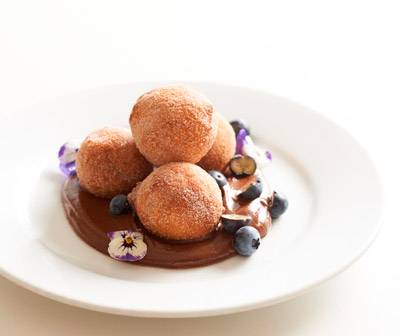 Cinnamon Doughnuts with Chocolate Olive Oil Sauce and Berries