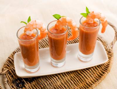 Cold Tomato Soup with Prawns and Rocket