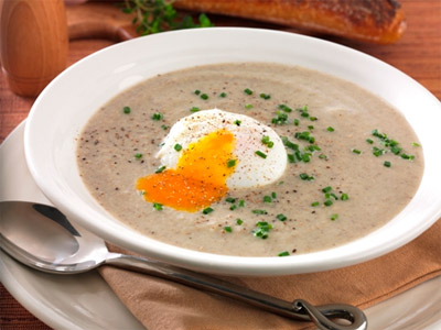 Creamed Mushroom Soup with Poached Egg, Thyme and Chives