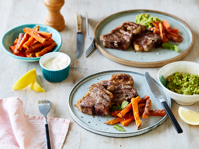 BBQ Chops with Pea and Mint Pesto and Kumara Chips