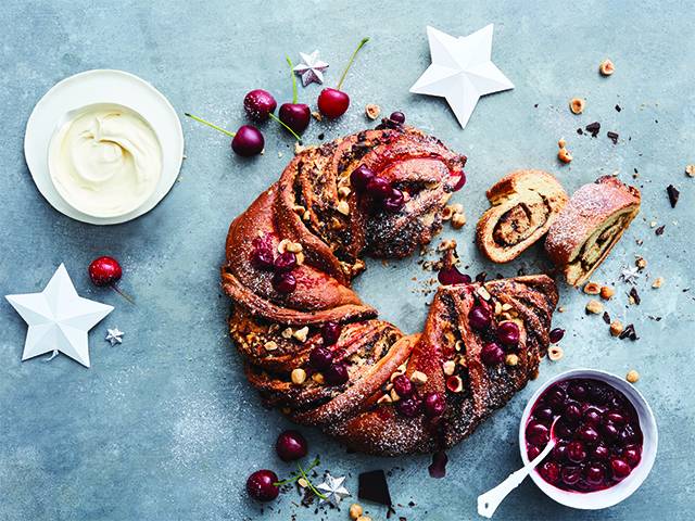 Dark Chocolate and Hazelnut Wreath with Spiced Cherries Recipe