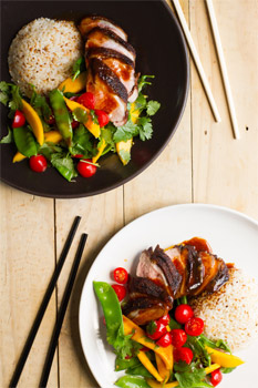 Duck, Mango and Snow Pea Salad with Hoisin Dressing and Sesame Rice