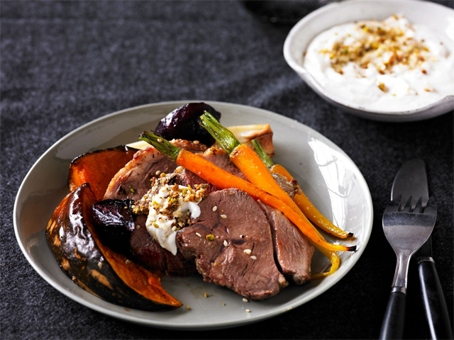 Dukkah Lamb with Roasted Vegetables and Tahini