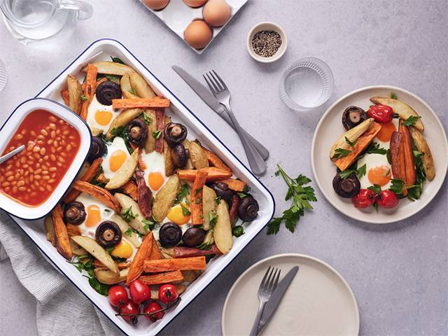 Egg, Chips and Mushroom Tray Bake