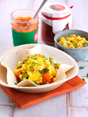 Scrambled Egg, Spicy Stewed Tomatoes, Sweet Corn and Spring Onion Tortilla