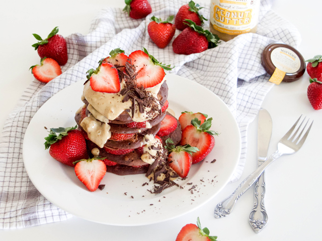 Chocolate Pancakes with Caramel and Peanut Butter Sauce