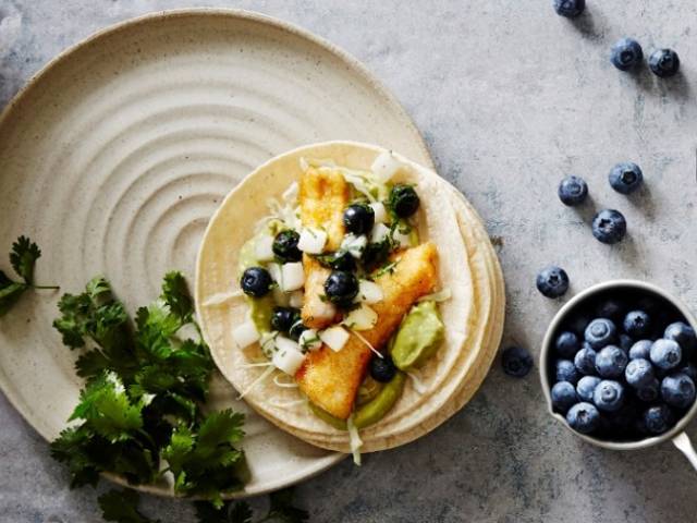 Fish Tacos with Blueberry, Nashi Salsa and Avocado, Jalapeno Sauce