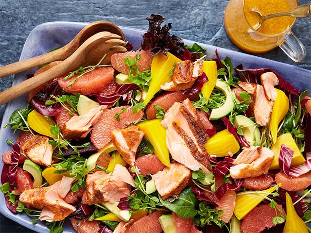 Ruby red grapefruit and beetroot salad with spiced salmon