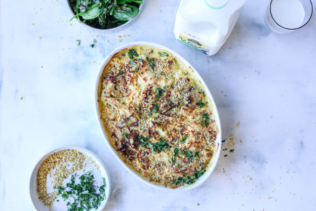 Dukkah Haloumi Crusted Broccoli Cauliflower Bake