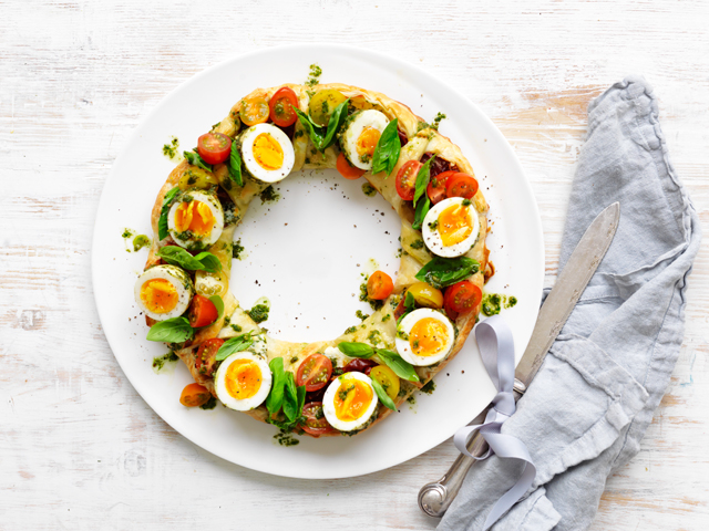 Herbed Ricotta Pastry Wreath with Pesto Eggs