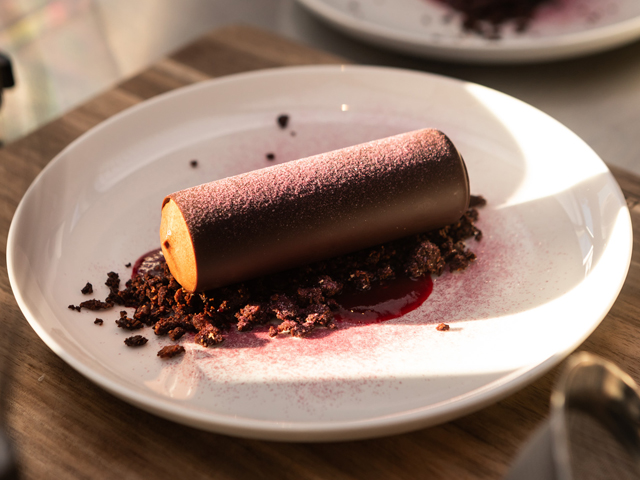Dark Chocolate and Davidson Plum Mousse, Chocolate and Shiraz Soil, Raspberry and Rosella Coulis
