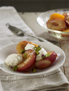 Nectarines with Rosewater Labne, Honeyed Pistachios and Mint