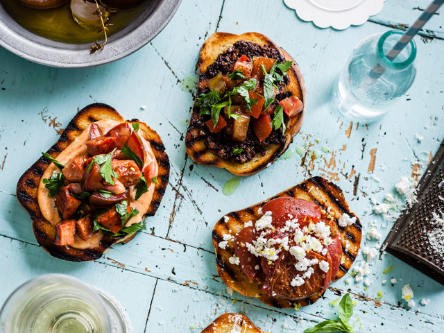 Kumato, Olive and Eggplant Bruschetta