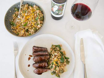 Lamb Rump with Fregula and Olive Salad paired with fresh Pinot Gris or Merlot