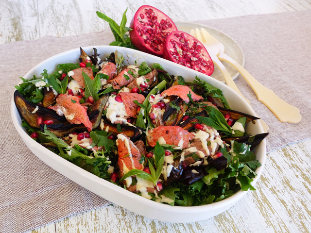 Roast Lamb Salad with Smokey Eggplant, Pomegranate and Tahini Yoghurt