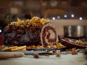 Chocolate and Clementine Buche de Noel with Hazelnut Caramel Shards