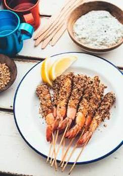 BBQ Prawns with Macadamia Dukkah and Mint Lemon Yoghurt