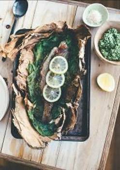 Paperbark Wrapped Rainbow Trout Stuffed with Warrigal Green Macadamia Pesto