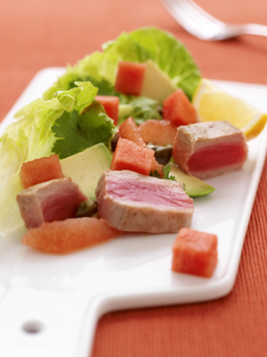 Salad of Seared Tuna with Seedless Watermelon, Avocado and Grapefruit