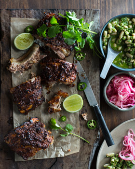 Mexican Pork Ribs with White Beans and Pickled Onions