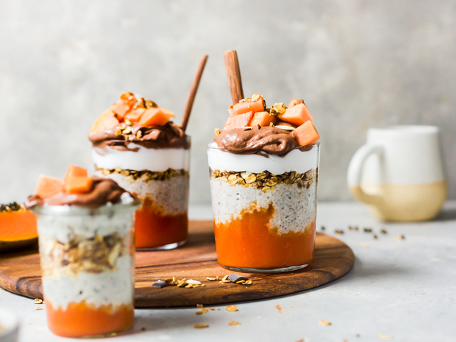 Papaya Chia Pudding Jars with Chocolate Nicecream and Granola