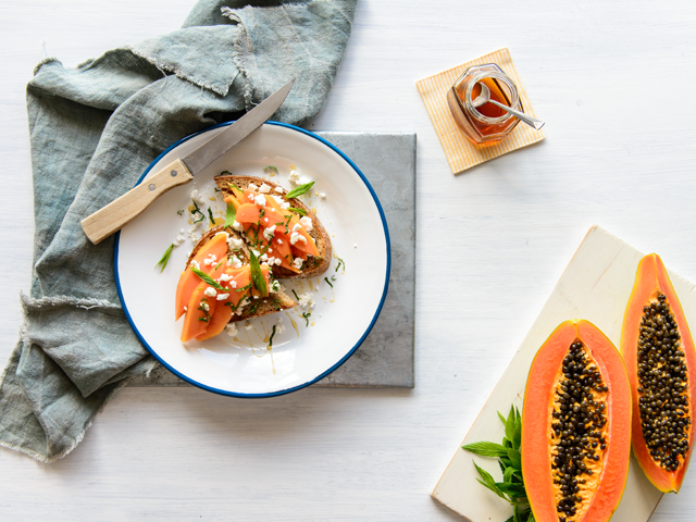 Papaya, Goat Cheese and Honey Toast