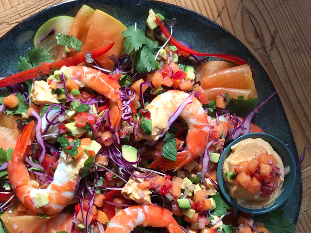 Papaya Prawn Salad with Nuoc Nam Chan Dressing and Papaya Aioli