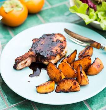 Spiced Pork Cutlets with Charred Persimmons