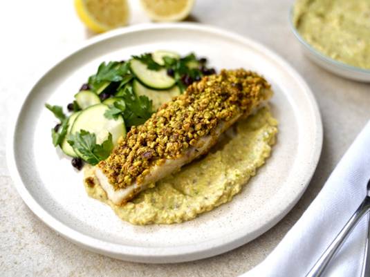 Pistachio-Crusted Barramundi with Zucchini and Pistachio Baba Ganoush