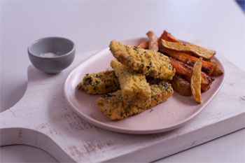 Polenta Macadamia Fish Goujons with Paprika Home-Cut Chips